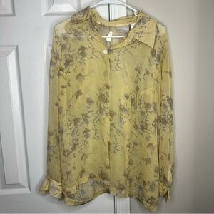 Yellow floral mesh button up shirt